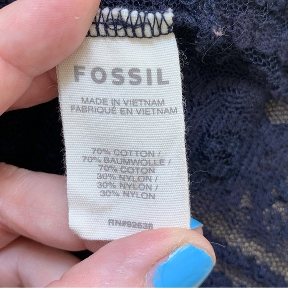 Fossil Navy Blue Sheer Lace Cap Sleeve Pullover - Picture 5 of 7